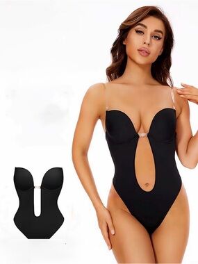 Black Plunge Cutout Strapless Bodysuit